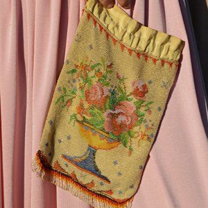 Late 1800s Purse, Victorian Seed Micro Glass Beaded Drawstring Hand Bag